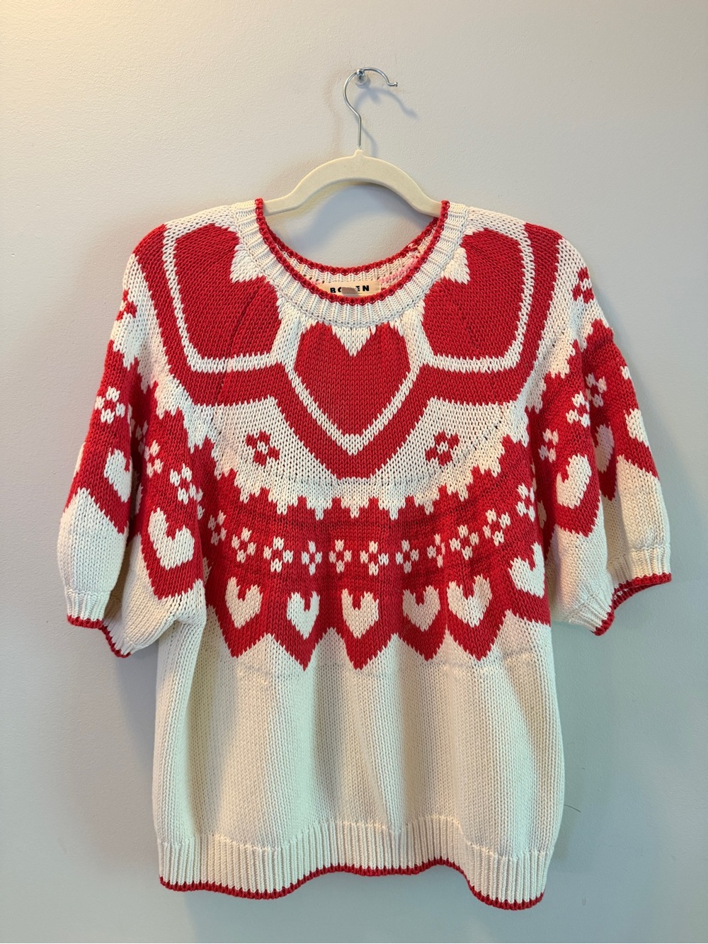 Boden Margot puff sleeve warm Ivory hearts- Fair Isle Heart Sweater